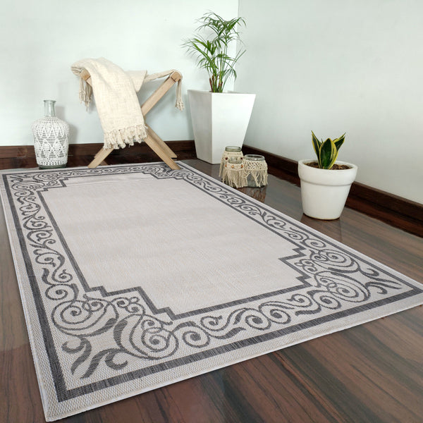 5' x 7' Gray Ornate Border Indoor Outdoor Area Rug