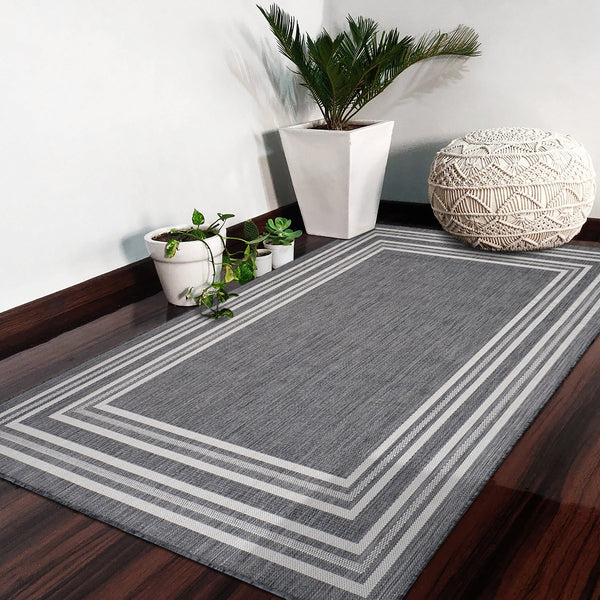 5' x 7' Gray Striped Border Indoor Outdoor Area Rug