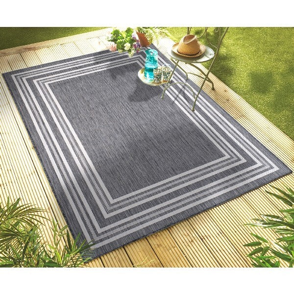 5' x 7' Gray Striped Border Indoor Outdoor Area Rug
