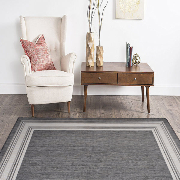 5' x 7' Gray Framed Indoor Outdoor Area Rug