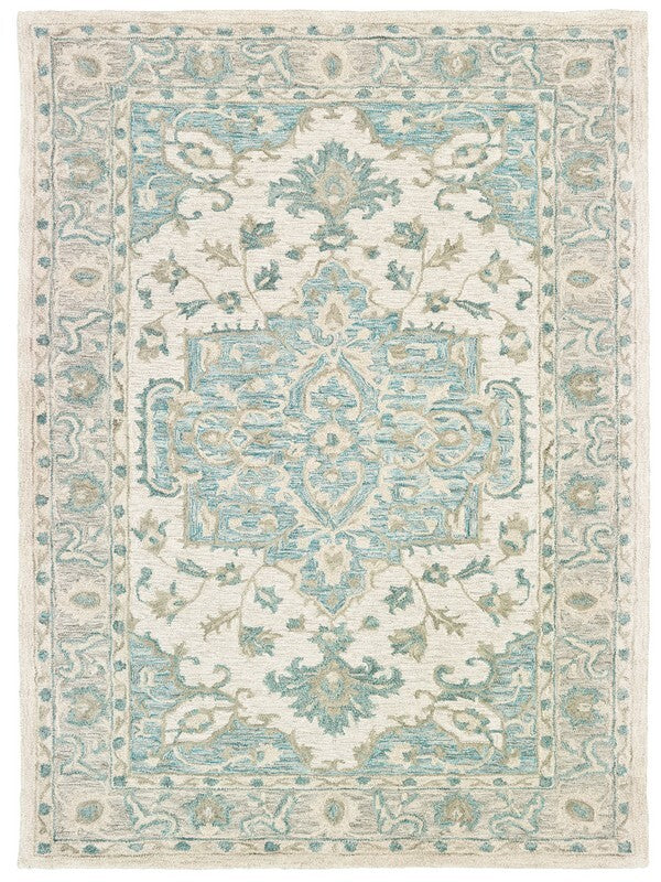 9' x 12' Turquoise and Cream Medallion Area Rug
