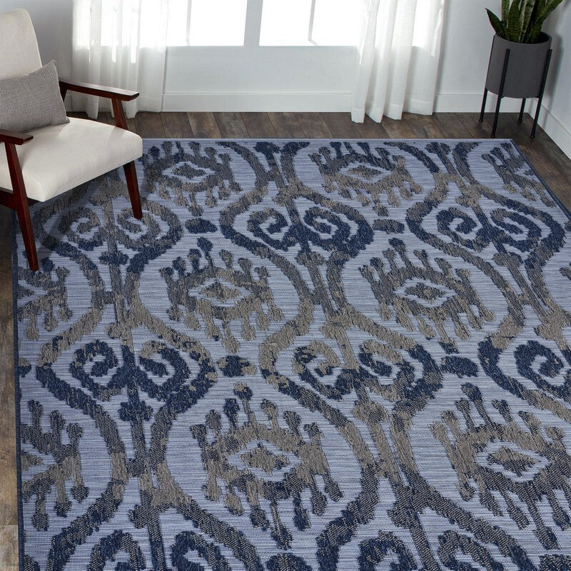 8' x 10' Blue Ogee Pattern Indoor Outdoor Area Rug