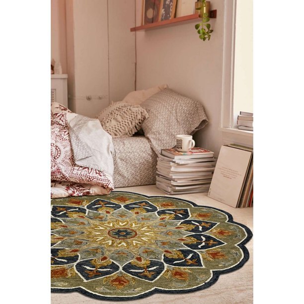 7' Round Charcoal Scalloped Edge Area Rug