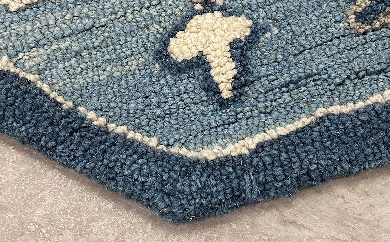 7' Blue And Cream Octagon Wool Handmade Area Rug