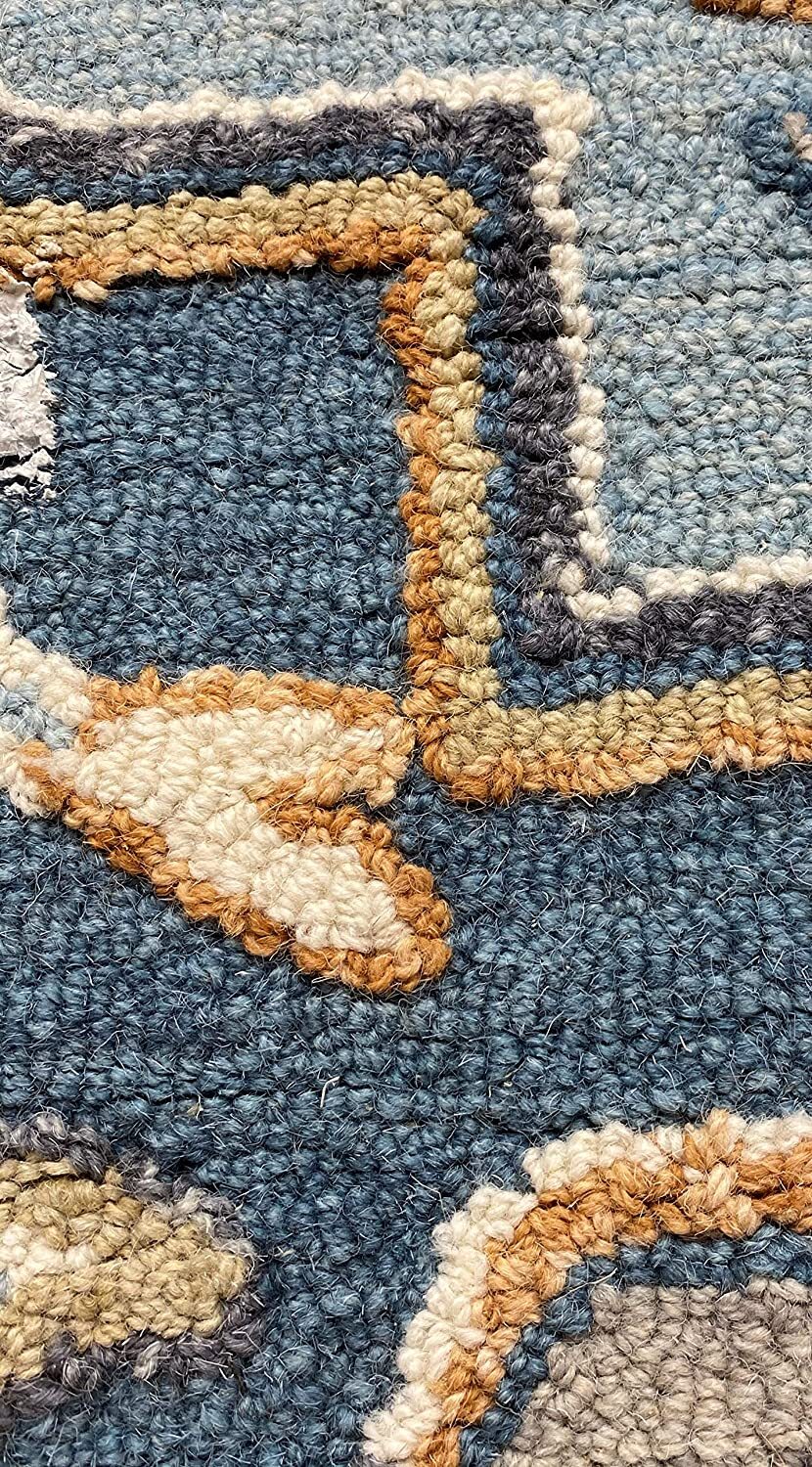 7' Blue And Cream Octagon Wool Handmade Area Rug