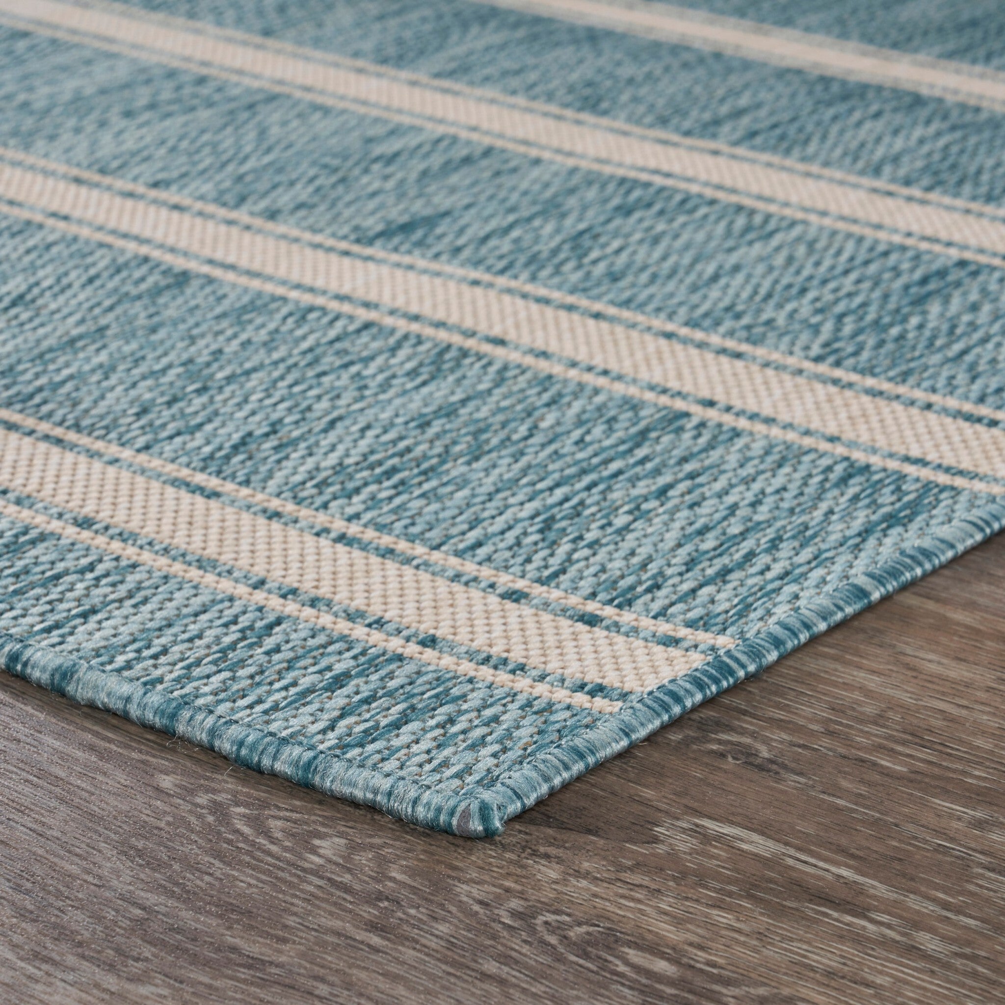 5' x 7' Teal Striped Indoor Outdoor Area Rug