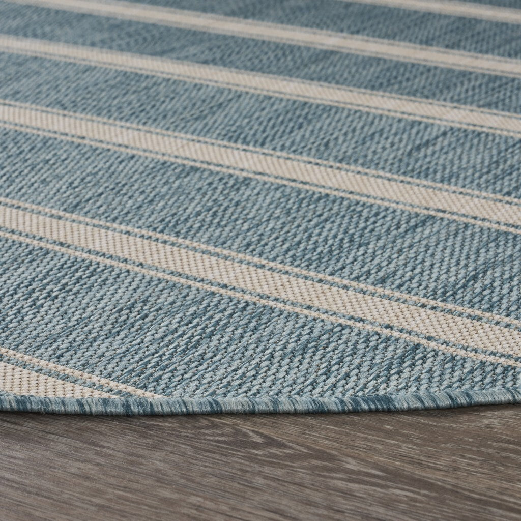 8' Round Teal Striped Indoor Outdoor Area Rug
