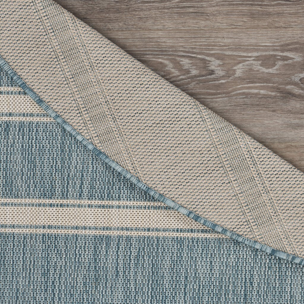 8' Round Teal Striped Indoor Outdoor Area Rug