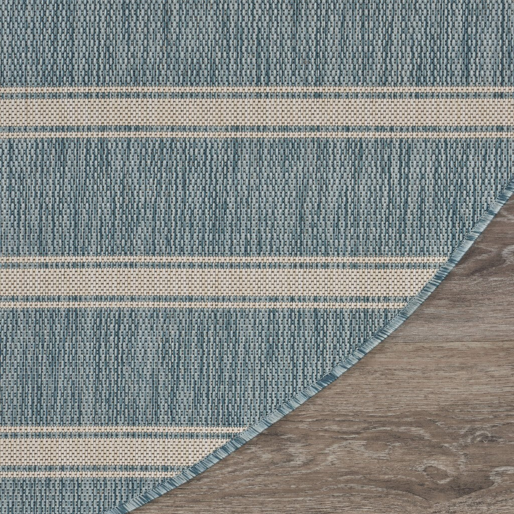 8' Round Teal Striped Indoor Outdoor Area Rug