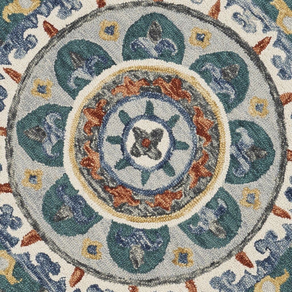 6' Round Teal Decorative Floral Area Rug