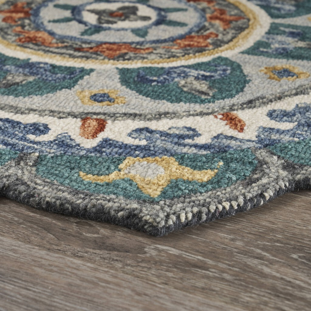 6' Round Teal Decorative Floral Area Rug