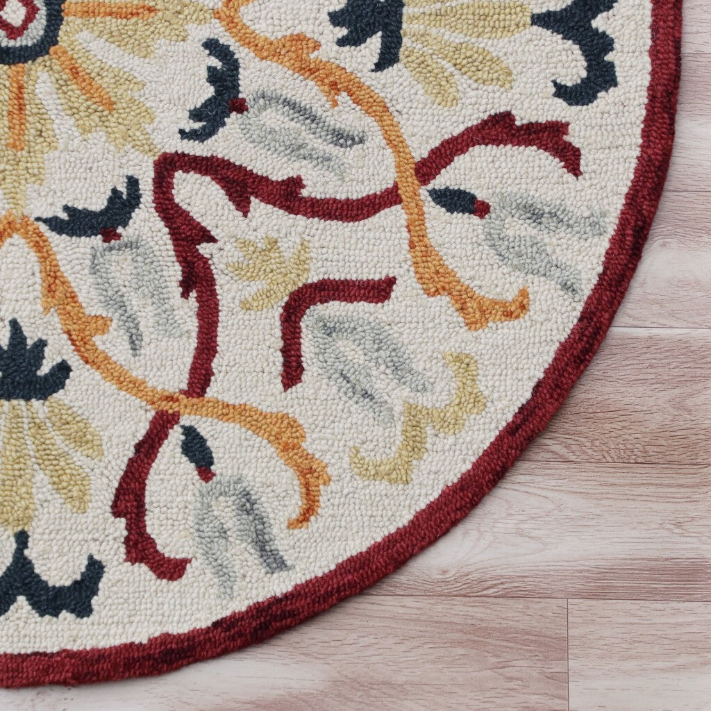 6' Round Red and Ivory Floral Filigree Area Rug