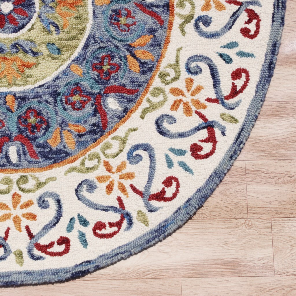 6' Round Blue and White Ornate Medallion Area Rug