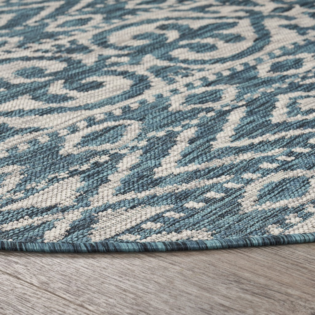8' Round Blue Geometric Indoor Outdoor Area Rug