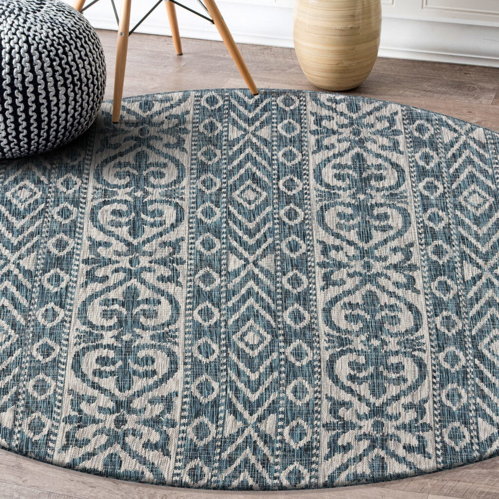 8' Round Blue Geometric Indoor Outdoor Area Rug