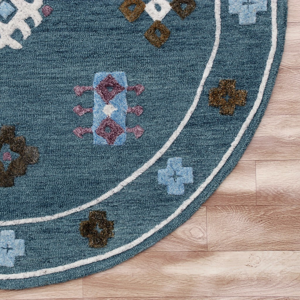7' Round Blue Bordered Motif Area Rug