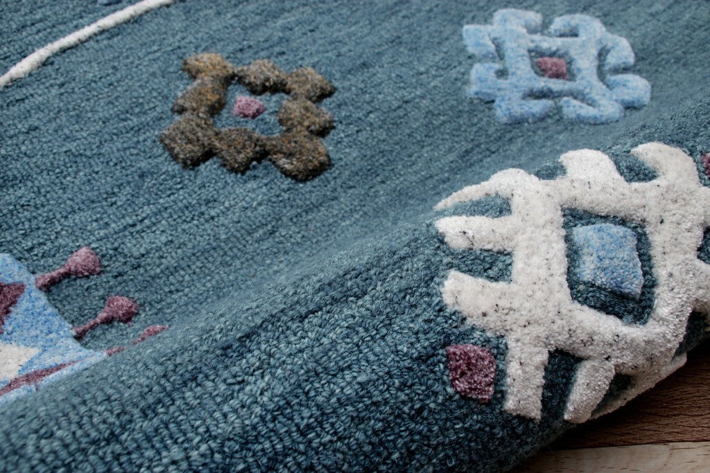 7' Round Blue Bordered Motif Area Rug