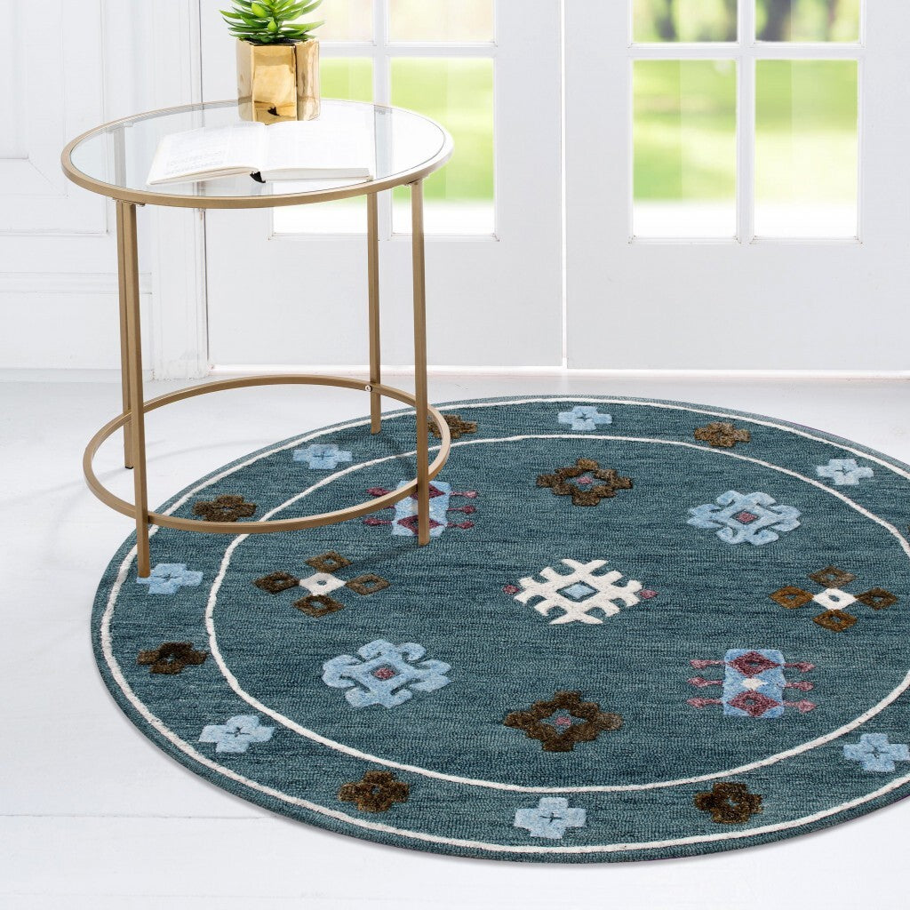 7' Round Blue Bordered Motif Area Rug