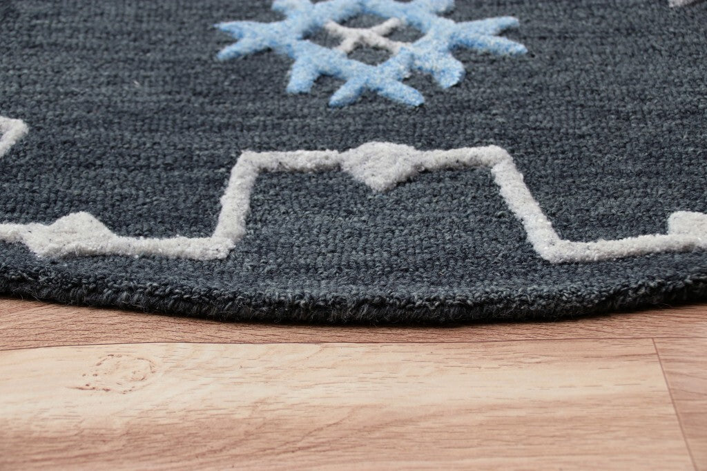 5' Round Charcoal Geometric Border Area Rug
