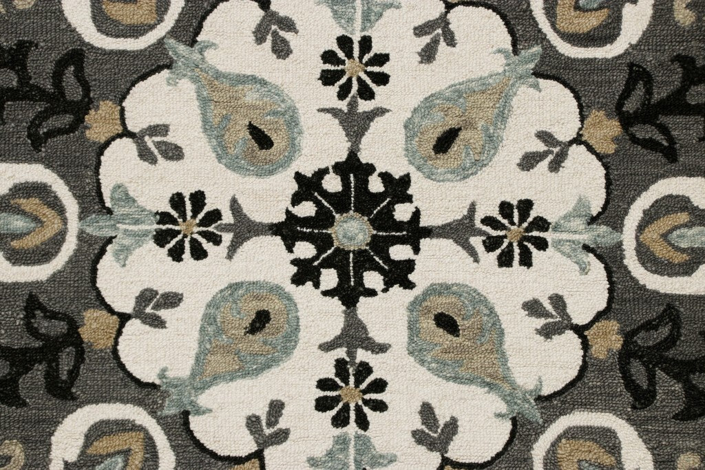 7' Round Gray and White Floral Medallion Area Rug