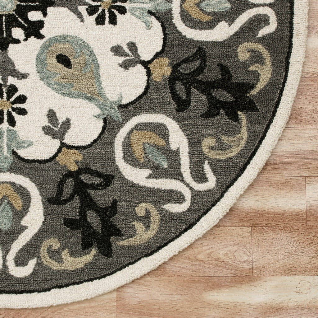 7' Round Gray and White Floral Medallion Area Rug