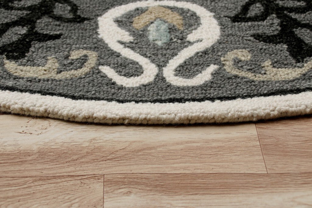 7' Round Gray and White Floral Medallion Area Rug
