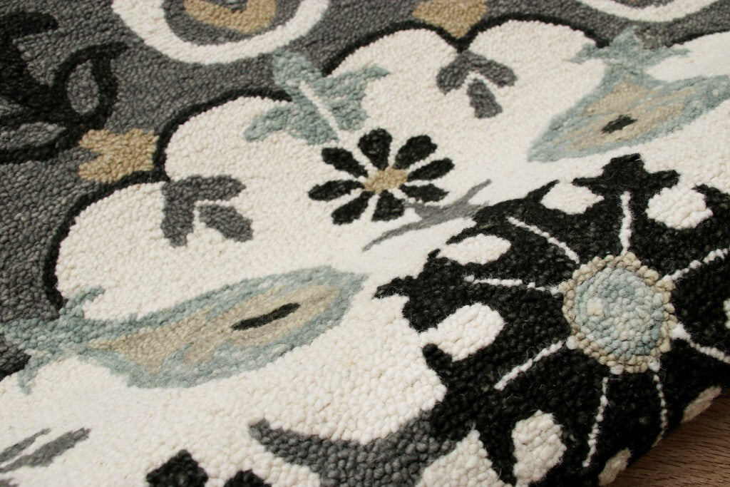 7' Round Gray and White Floral Medallion Area Rug