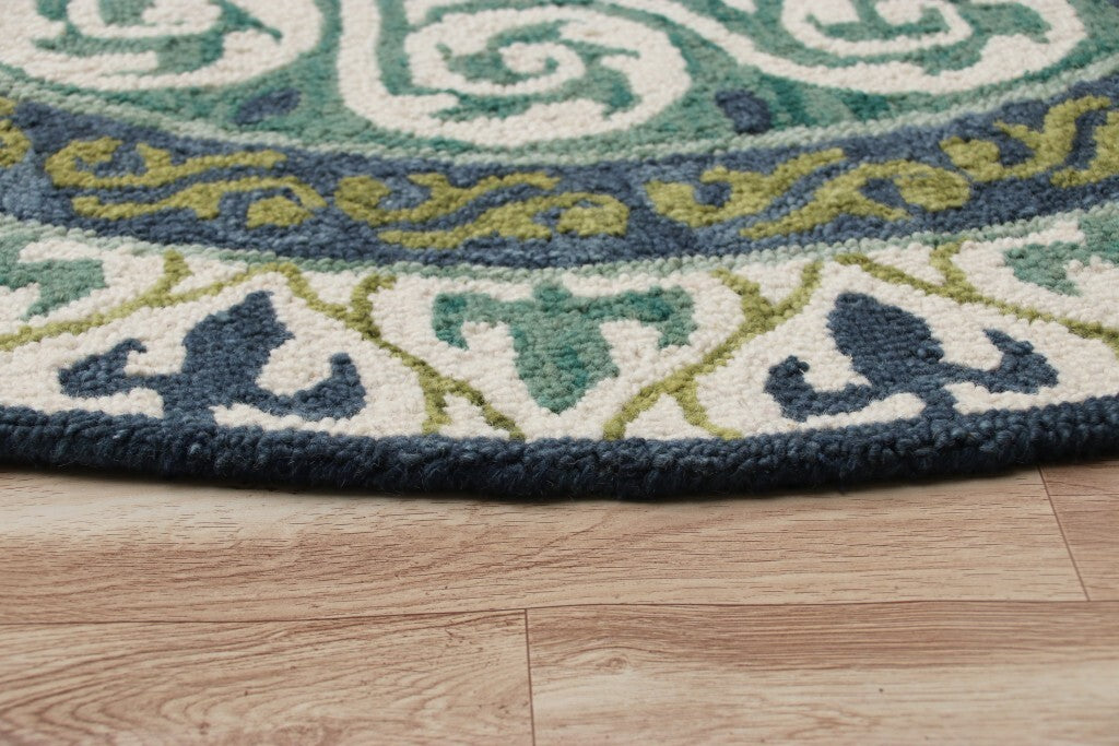 7' Round Blue and Green Ornate Medallion Area Rug