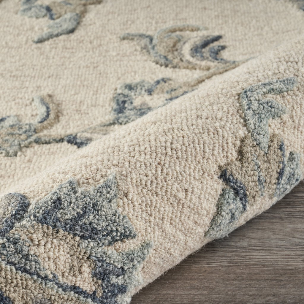 7' Round Beige and Blue Filigree Area Rug