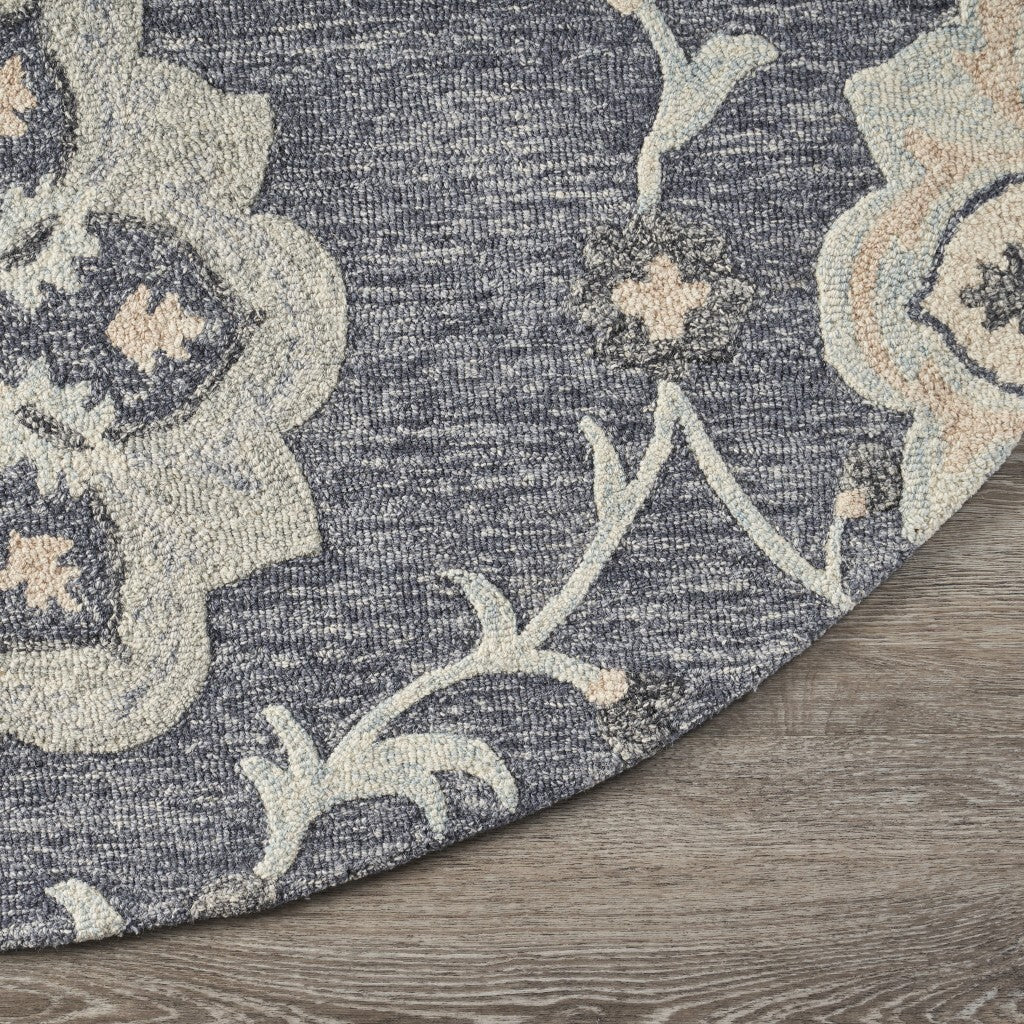 7' Round Gray Floral Trellis Area Rug