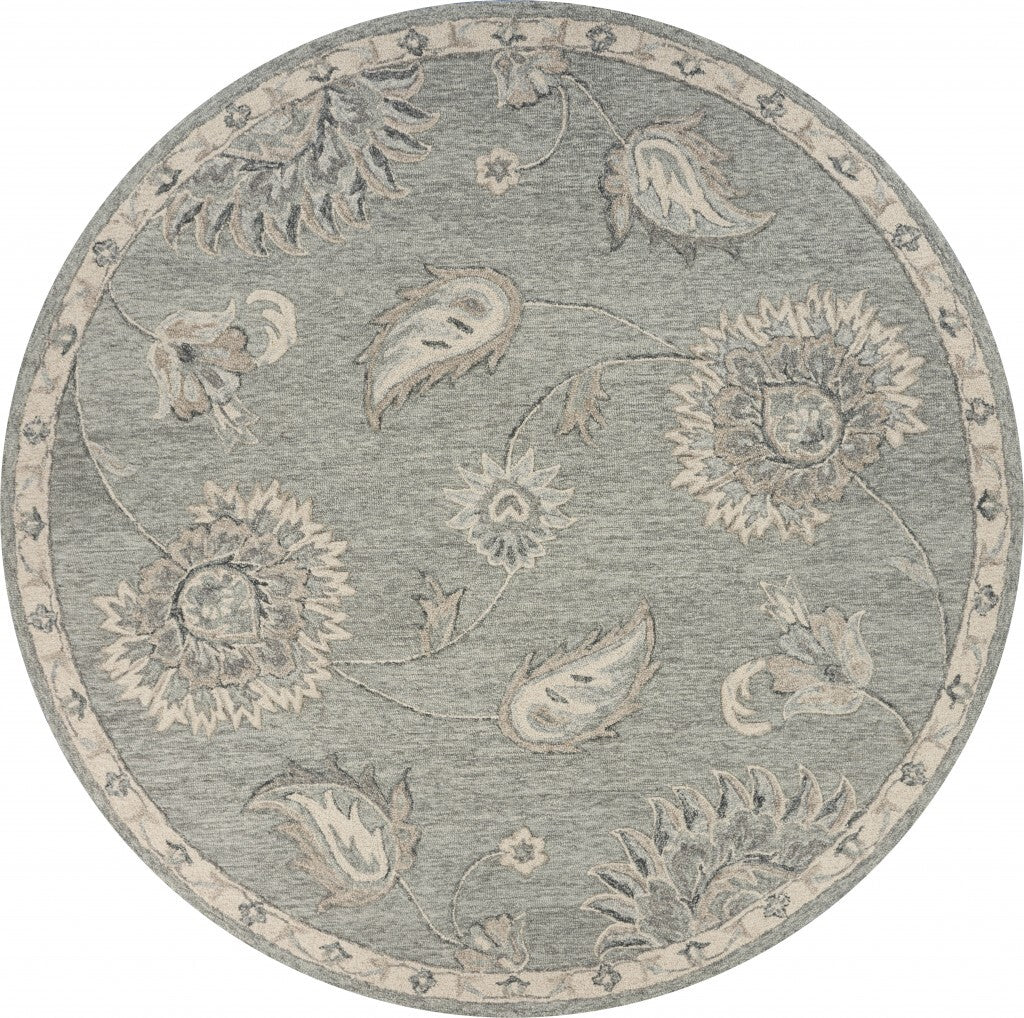 7' Round Light Gray Floral Area Rug