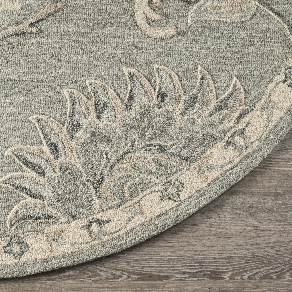 7' Round Light Gray Floral Area Rug