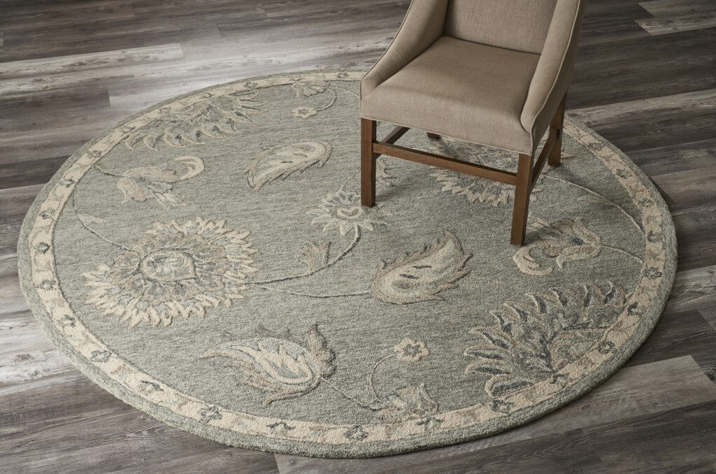 7' Round Light Gray Floral Area Rug
