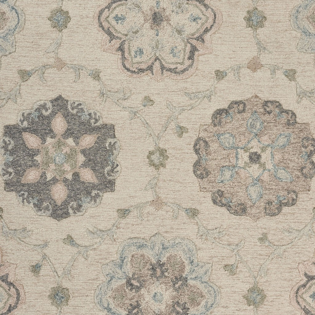 7' Round Ivory Intricate Floral Area Rug
