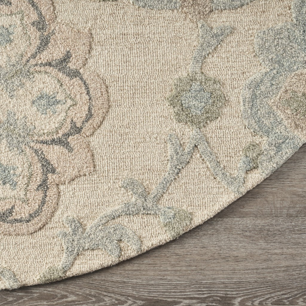 7' Round Ivory Intricate Floral Area Rug