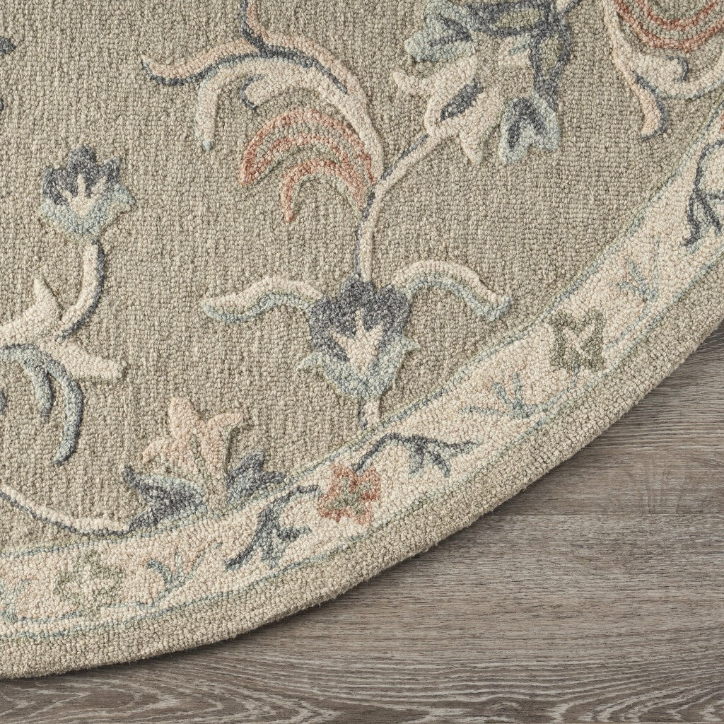 7' Round Sage and Cream Filigree Area Rug