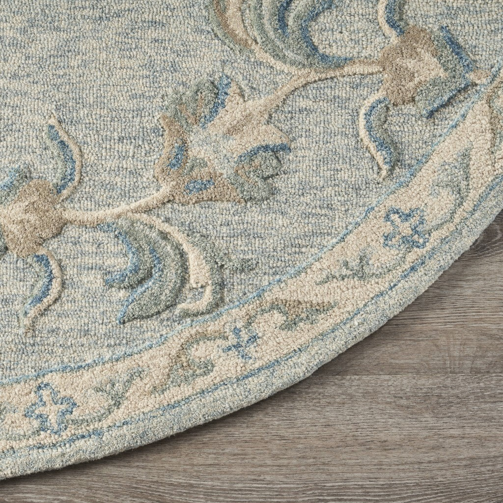 7' Round Blue and Cream Filigree Area Rug