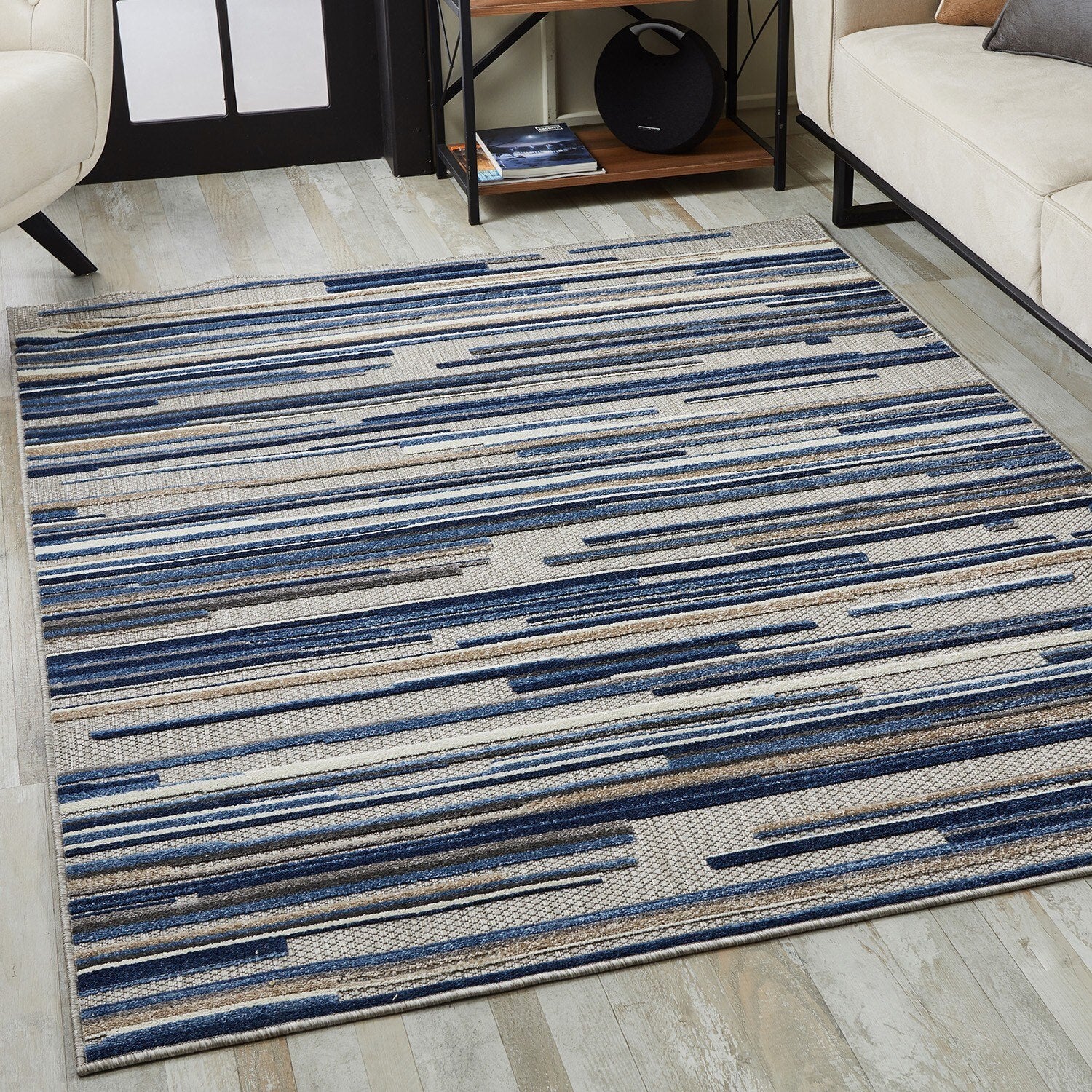 2' x 4' Blue Abstract Striped Indoor Outdoor Area Rug