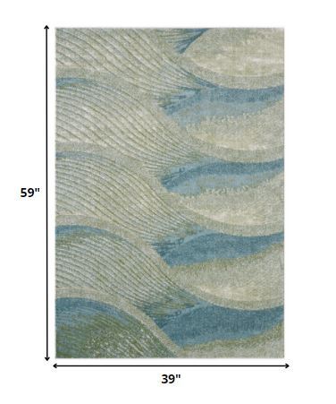 3' x 5' Blue Beige Abstract Waves Modern Area Rug