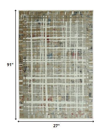 2' x 8' Ivory Khaki Distressed Plaid Runner Rug