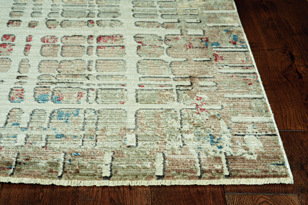 5' x 8' Ivory Khaki Distressed Plaid Area Rug