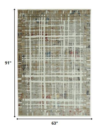 5' x 8' Ivory Khaki Distressed Plaid Area Rug