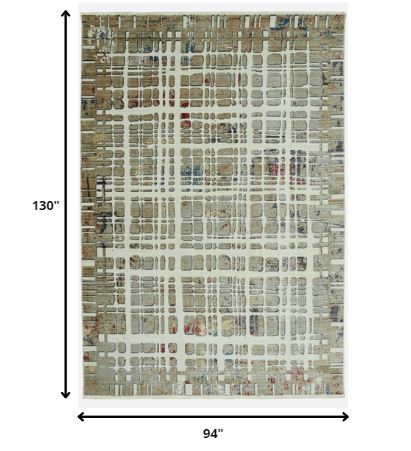 8' x 11' Ivory Khaki Distressed Plaid Area Rug