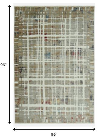 8' Round Ivory Khaki Distressed Plaid Area Rug
