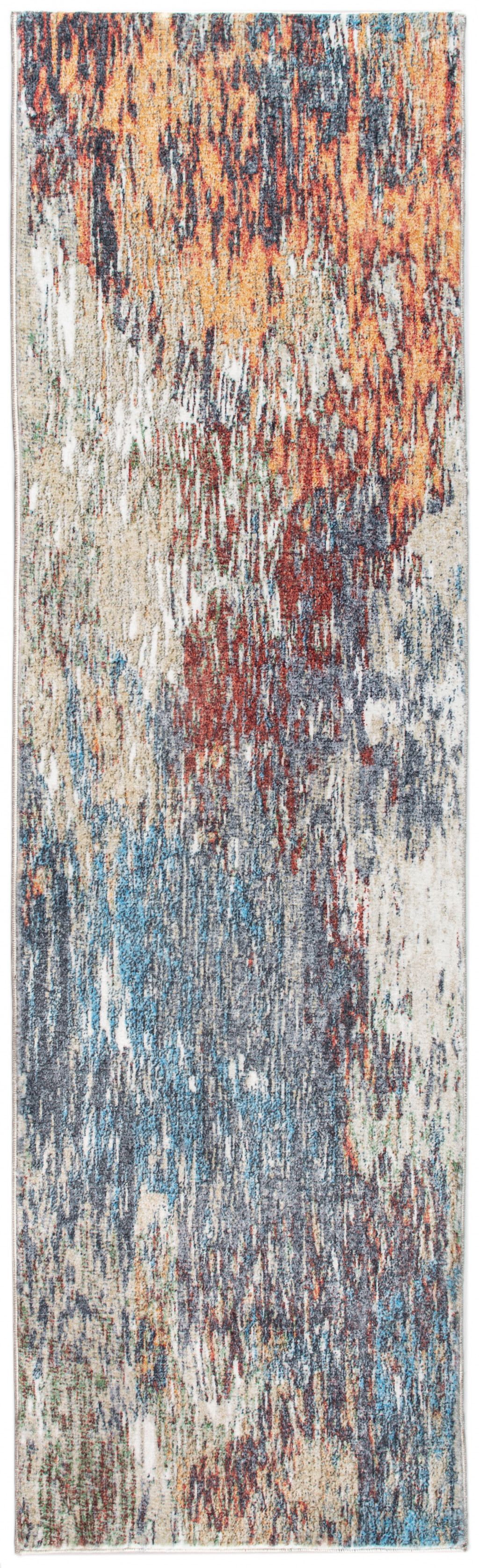 2' x 7' Blue Red Abstract Painting Modern Runner Rug