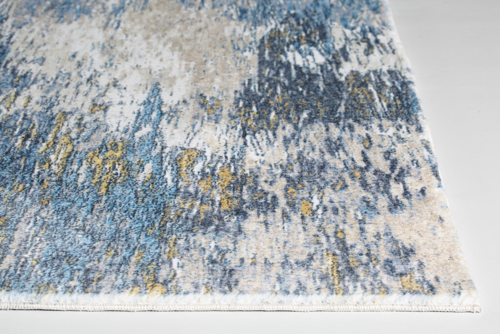 2' x 7' Blue Gold Abstract Painting Modern Runner Rug