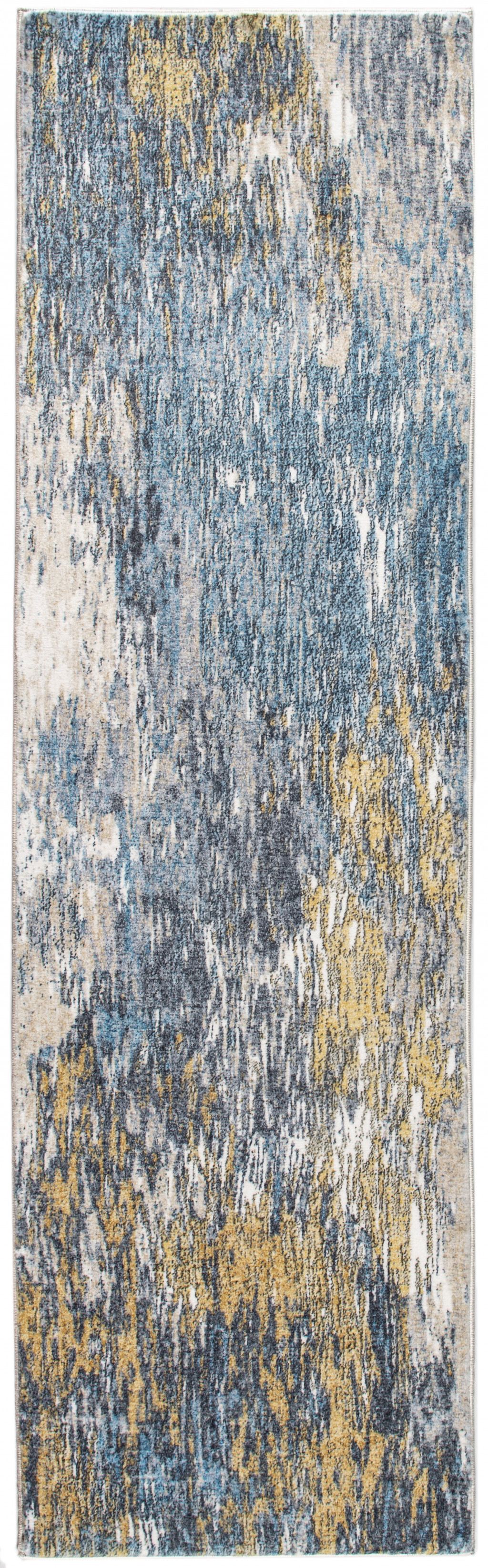2' x 7' Blue Gold Abstract Painting Modern Runner Rug