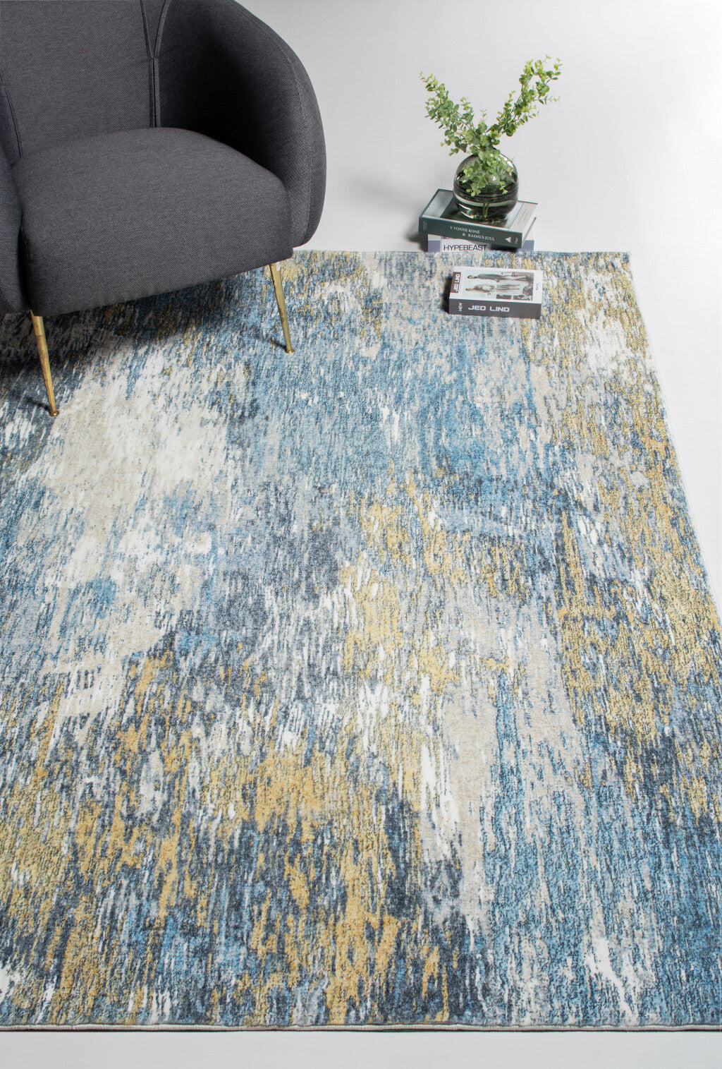 2' x 7' Blue Gold Abstract Painting Modern Runner Rug