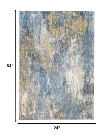 2' x 7' Blue Gold Abstract Painting Modern Runner Rug