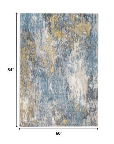 5' x 8' Blue Gold Abstract Painting Modern Area Rug